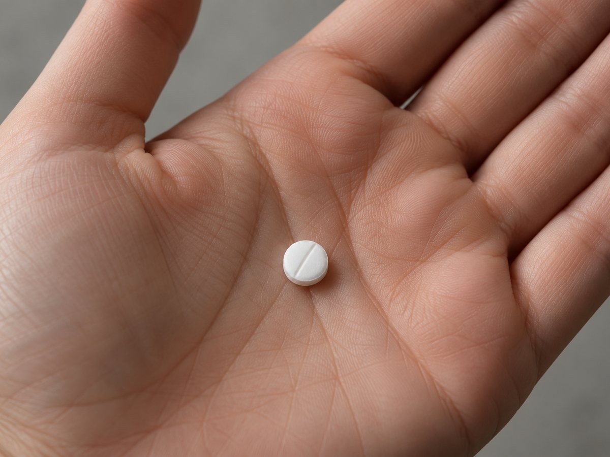 White scored compounded low-dose naltrexone (LDN) tablet in the palm of a hand